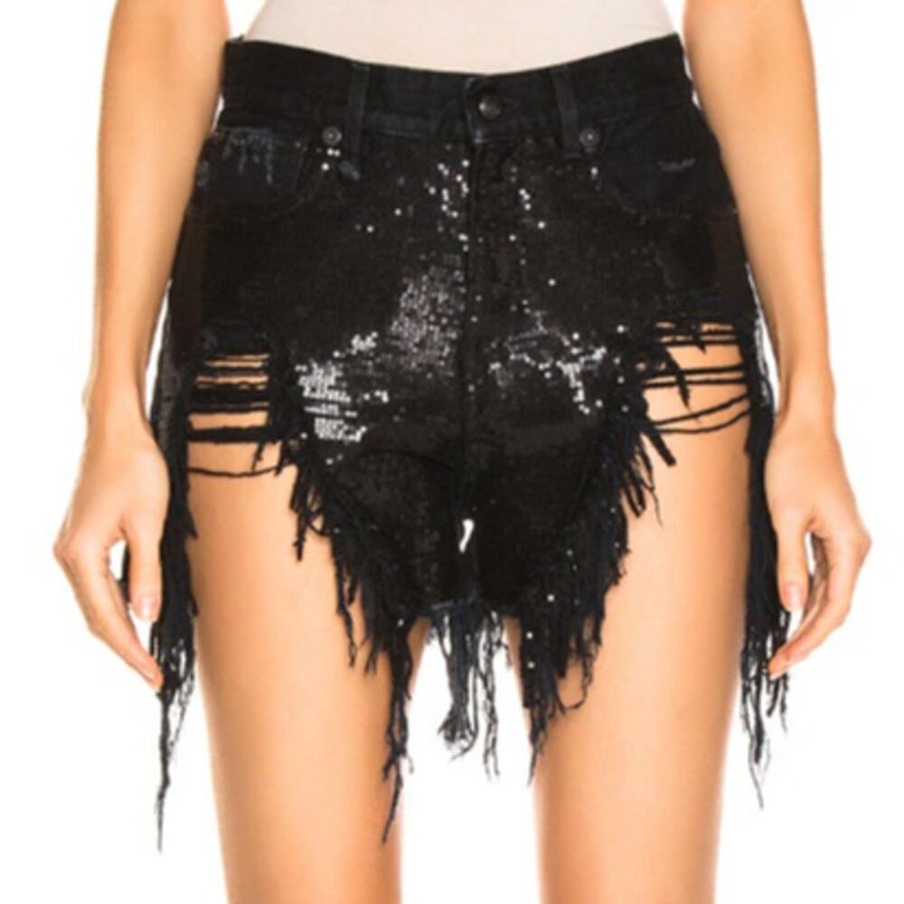 R13 Black Sequin Fringe Jean Shorts